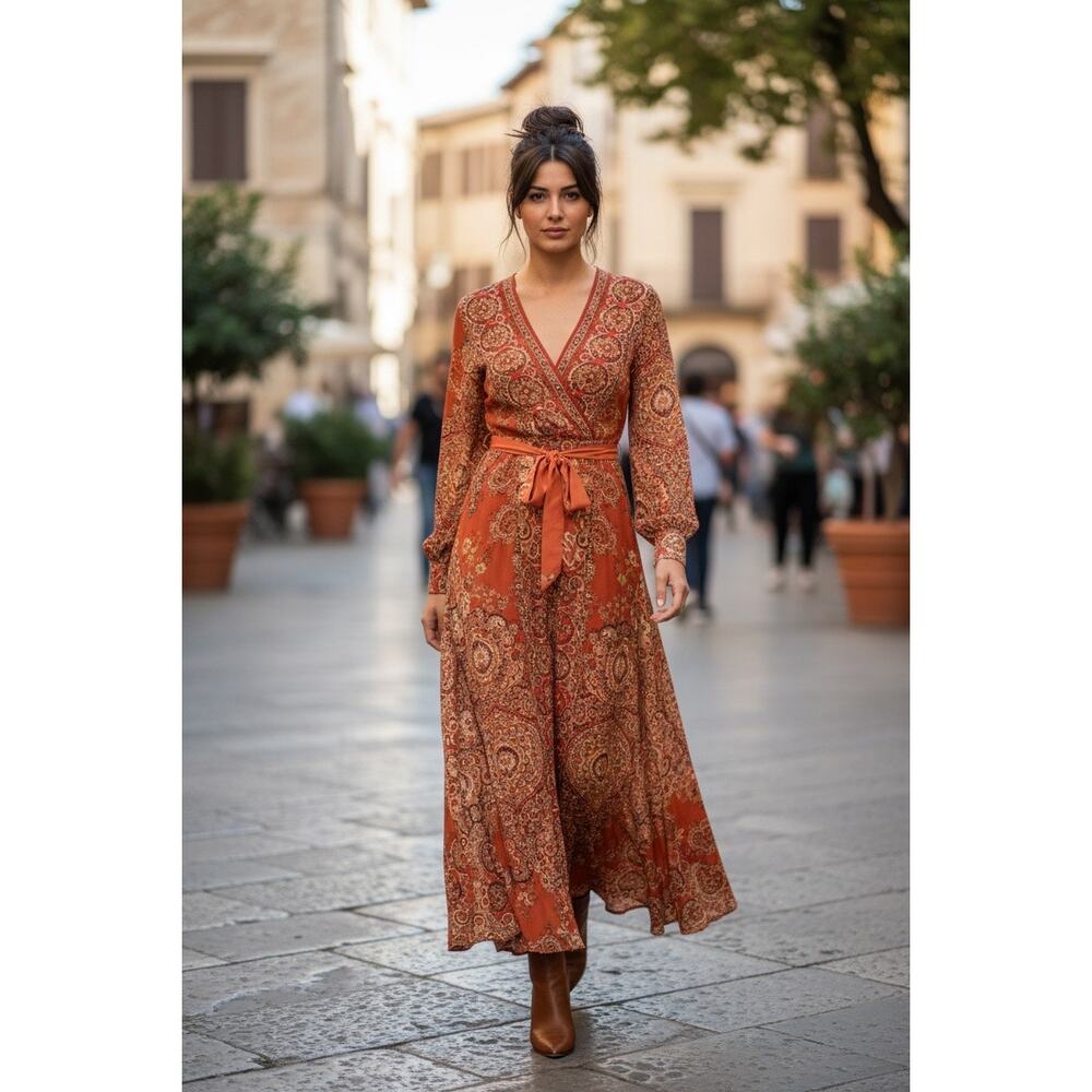 Spy Zone Exchange Boho Hippie Rust Paisley Faux Wrap Maxi Dress Medium Romantic